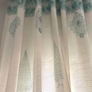 Elegant 9’ hand block printed linen curtains- timeless craftsmanship. Set of 2.